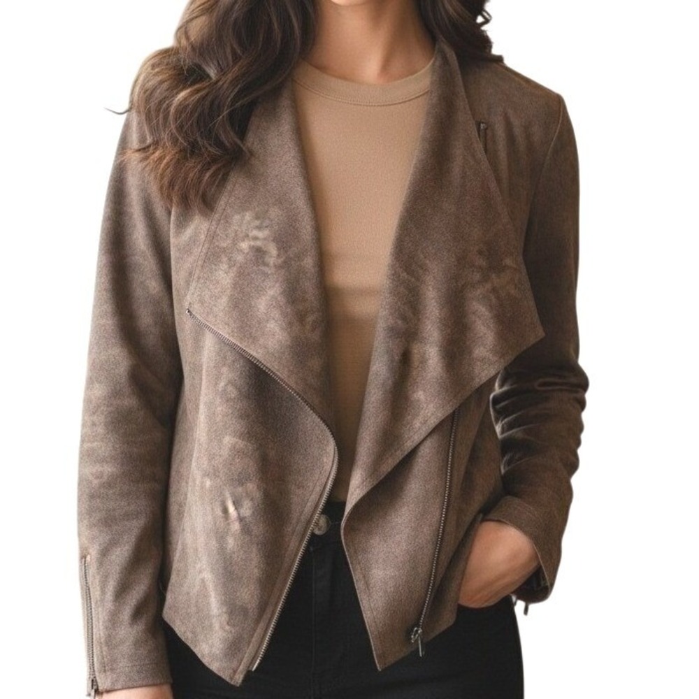 Women's Brown Faux Suede Moto Jacket Draped Front Cropped Size S Miilla